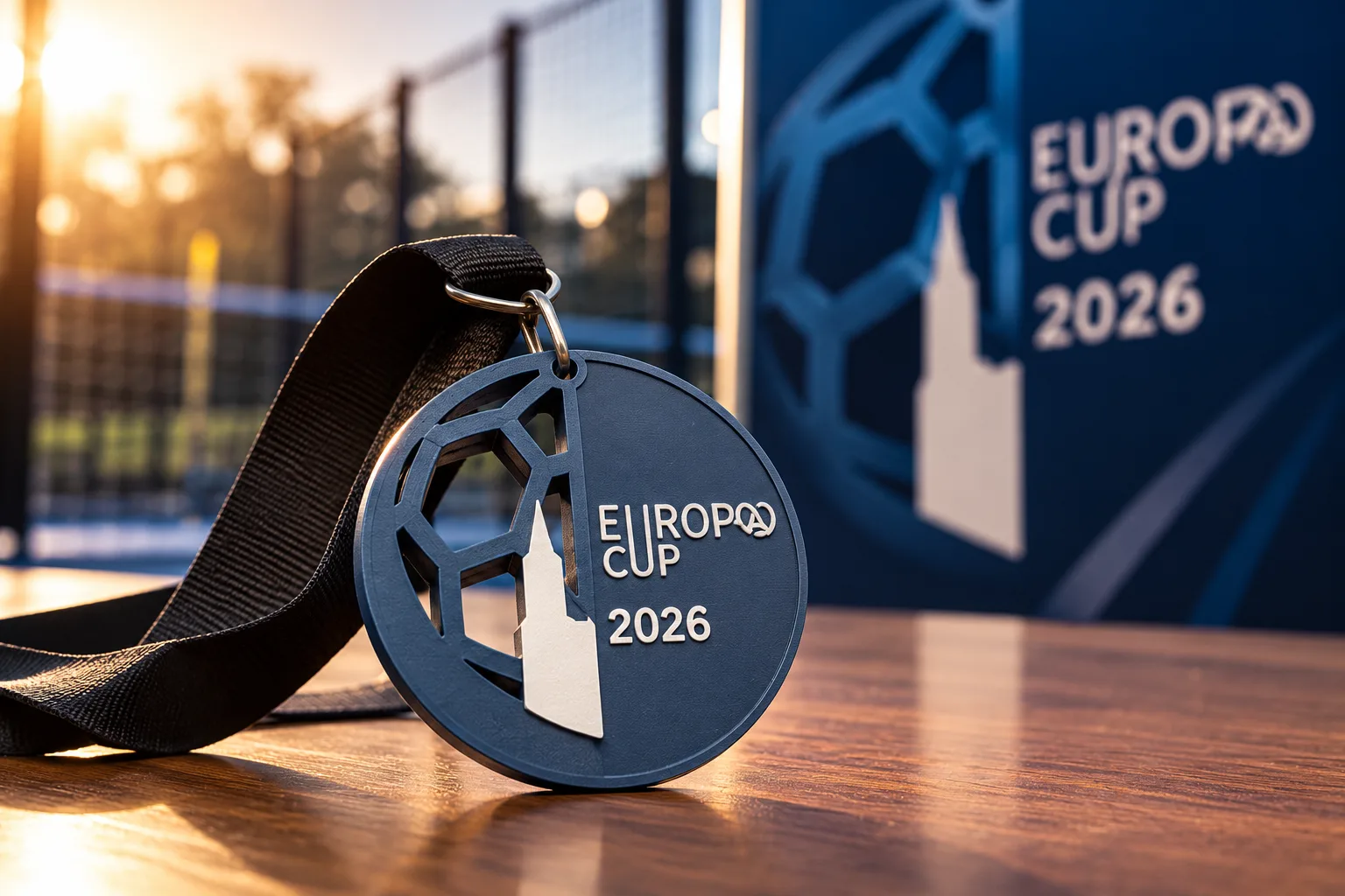 Médaille ronde bleu marine ajourée, silhouette blanche d'une flèche de cathédrale et inscription Cup 2026