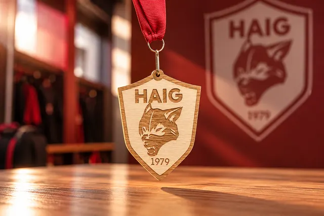 Médaille en bois en forme d'écusson, gravée d'une tête de lynx, de l'inscription HAIG et de l'année 1979