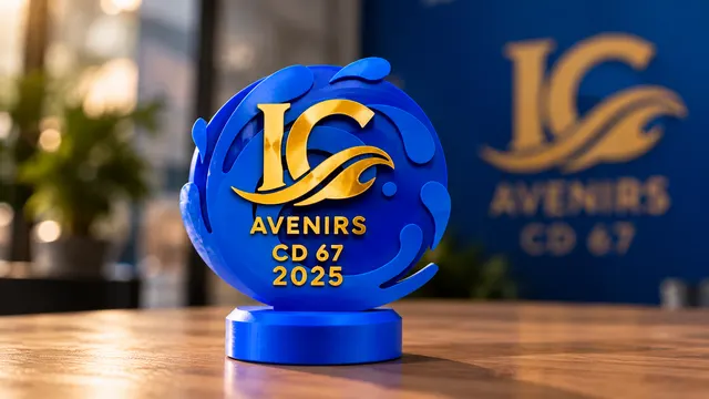 Le même trophée en vague bleue, avec le logo et les inscriptions en or