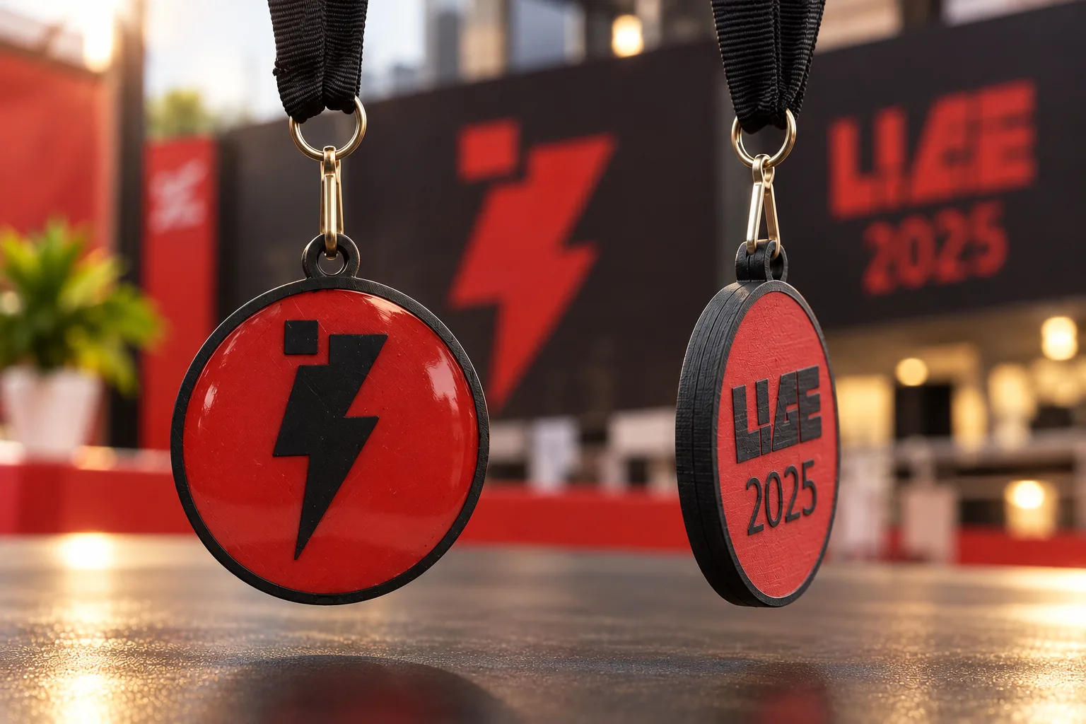 Deux médailles rouges cerclées de noir, l'une avec un éclair noir, l'autre avec l'inscription LIEE 2025