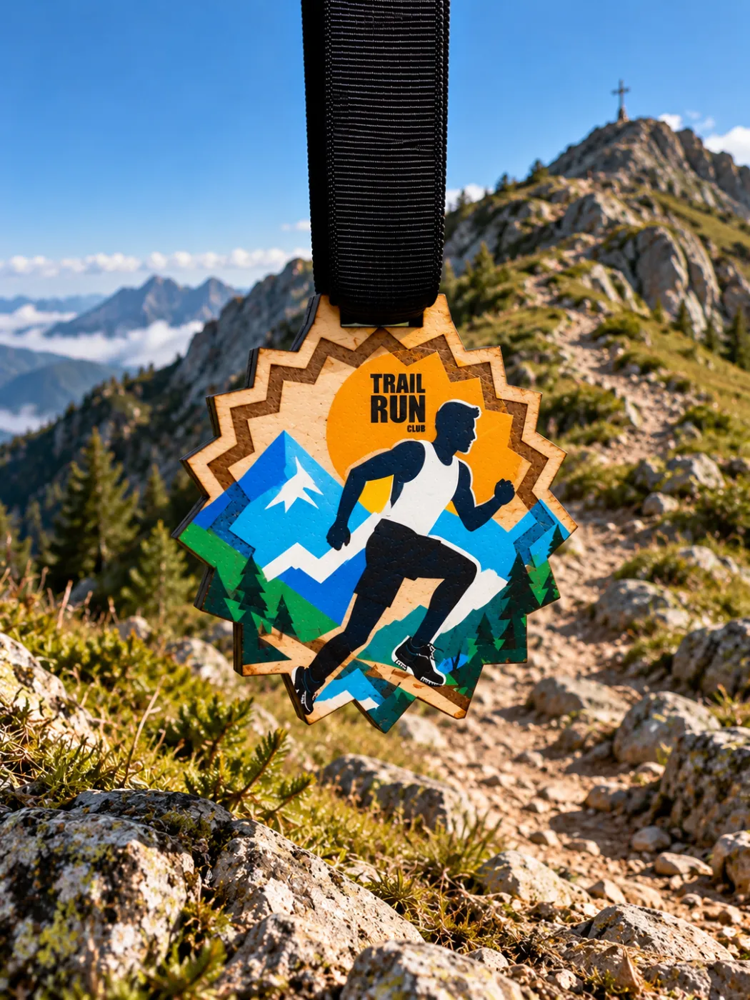 Médaille en bois imprimée en couleurs, modèle Trail Run