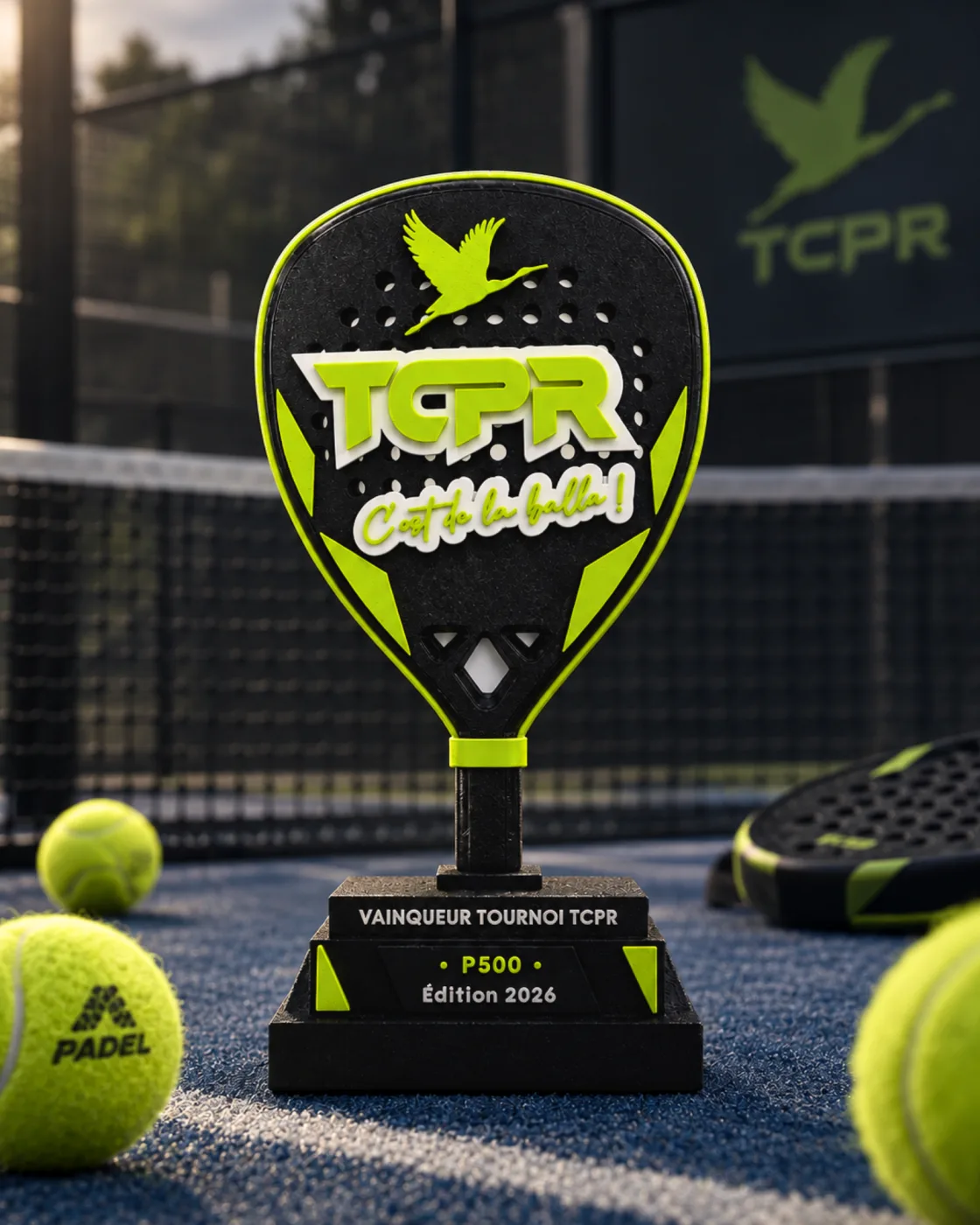 Trophée en forme de raquette, vainqueur du tournoi TCPR P500 2026